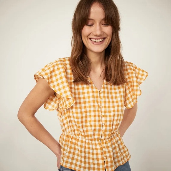 Warehouse Tops - Warehouse Women’s Mustard Yellow Gingham Peplum Hem Top